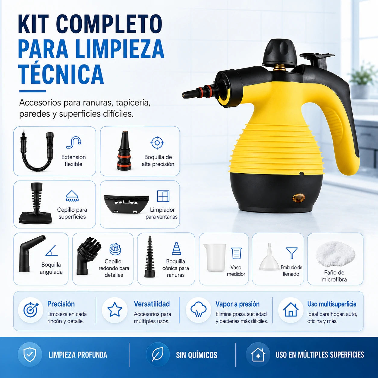 CleanEase – Dispositivo de Vapor Compacto | Limpieza Rápida y Profunda en Sofás, Ropa, Cristales y Más