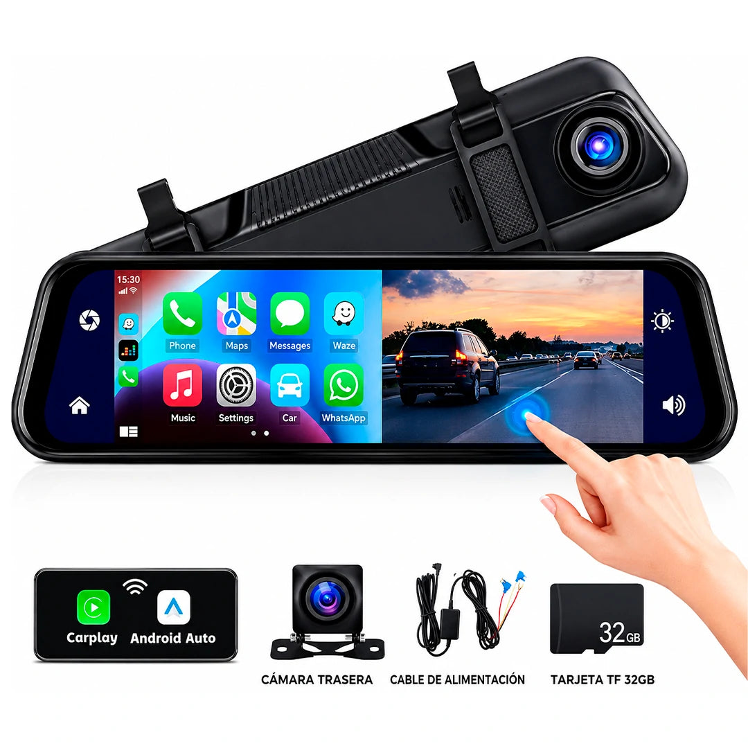 Espejo Retrovisor DriveVision 360 con Doble Cámara Frontal y Trasera