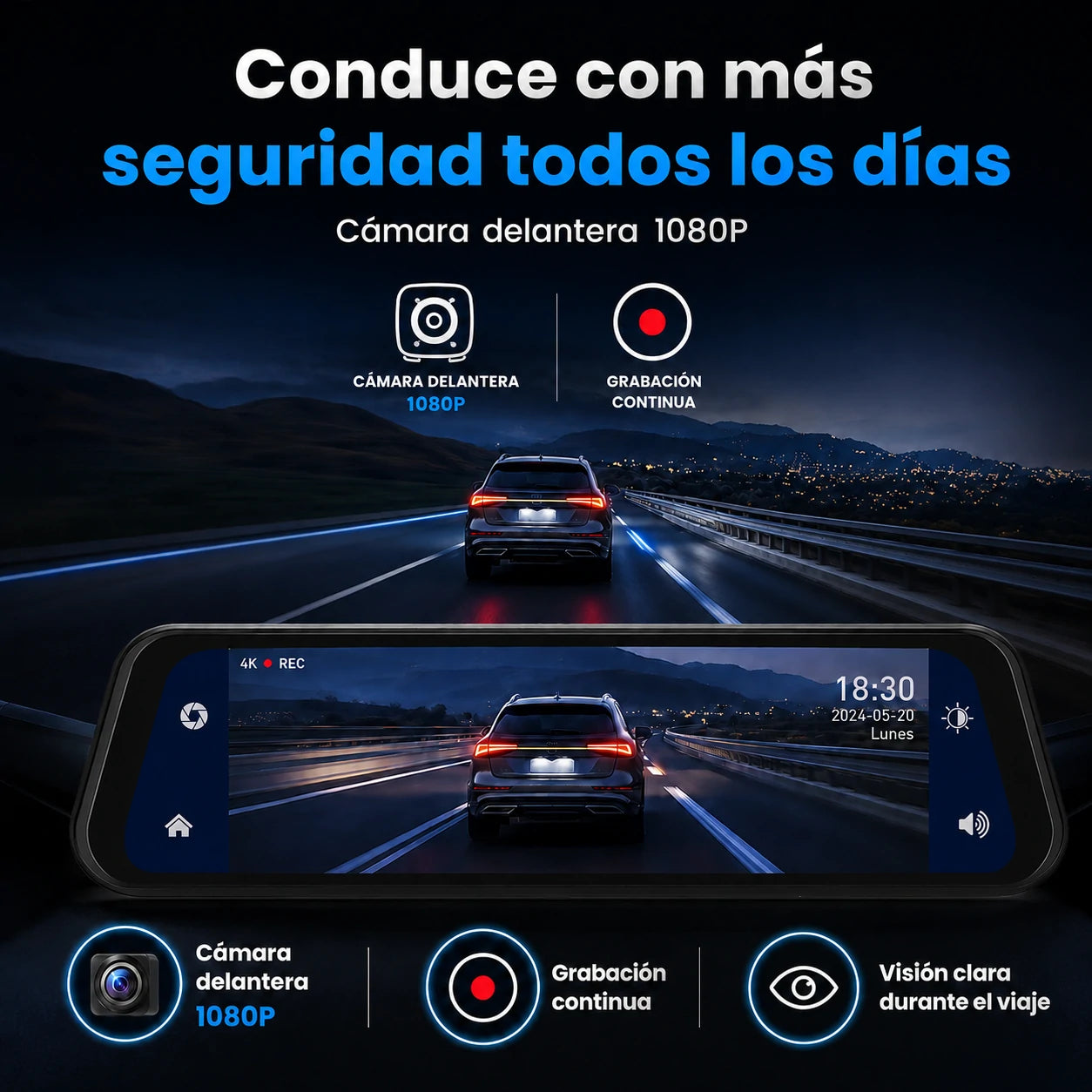 Espejo Retrovisor DriveVision 360 con Doble Cámara Frontal