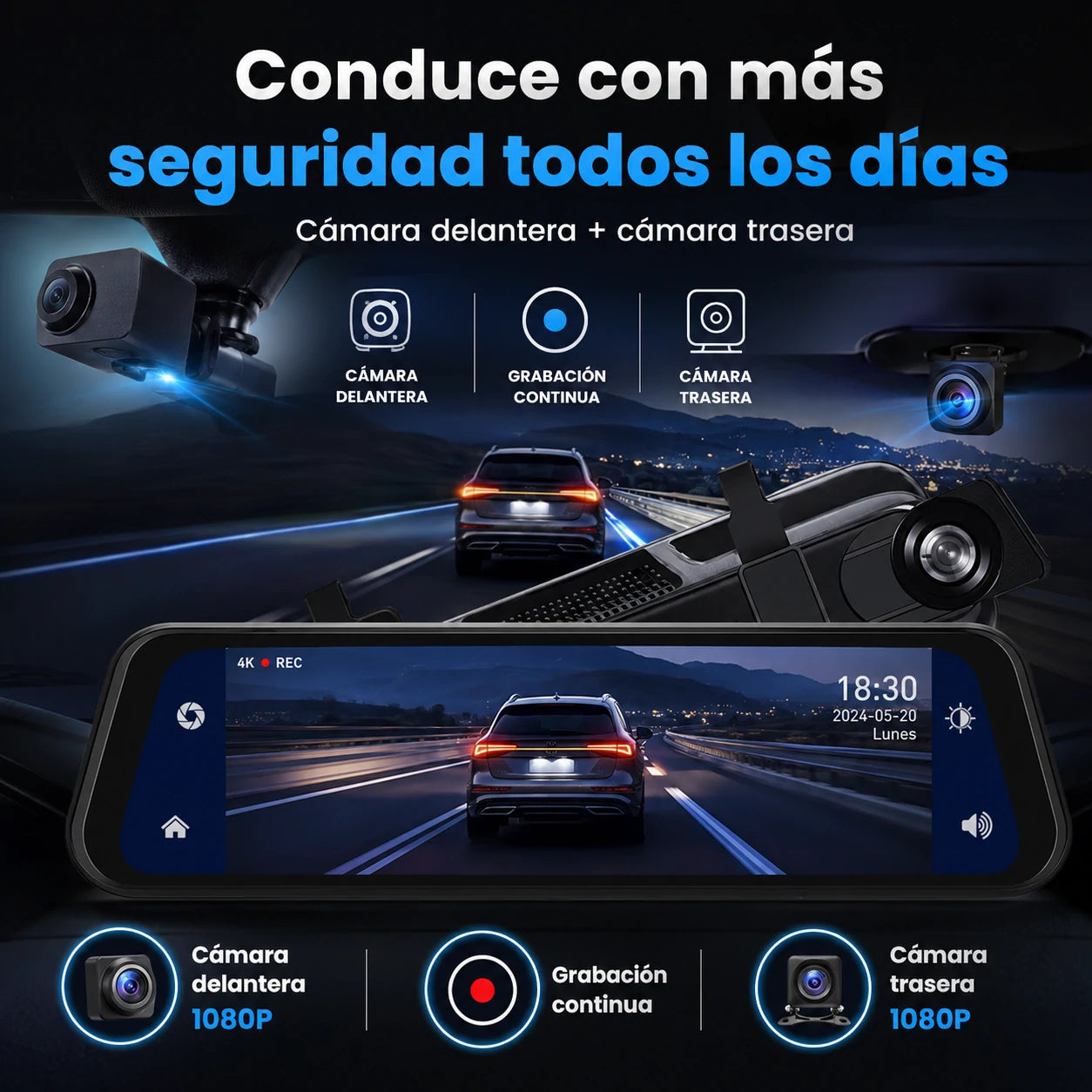 Espejo Retrovisor DriveVision 360 con Doble Cámara Frontal y Trasera