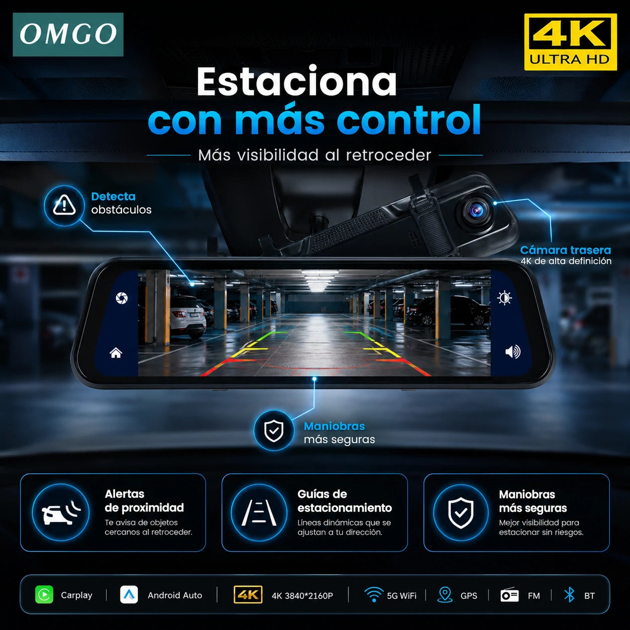 Espejo Retrovisor DriveVision 360 con Doble Cámara Frontal y Trasera