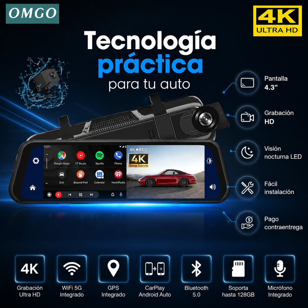 Espejo Retrovisor DriveVision 360 con Doble Cámara Frontal y Trasera