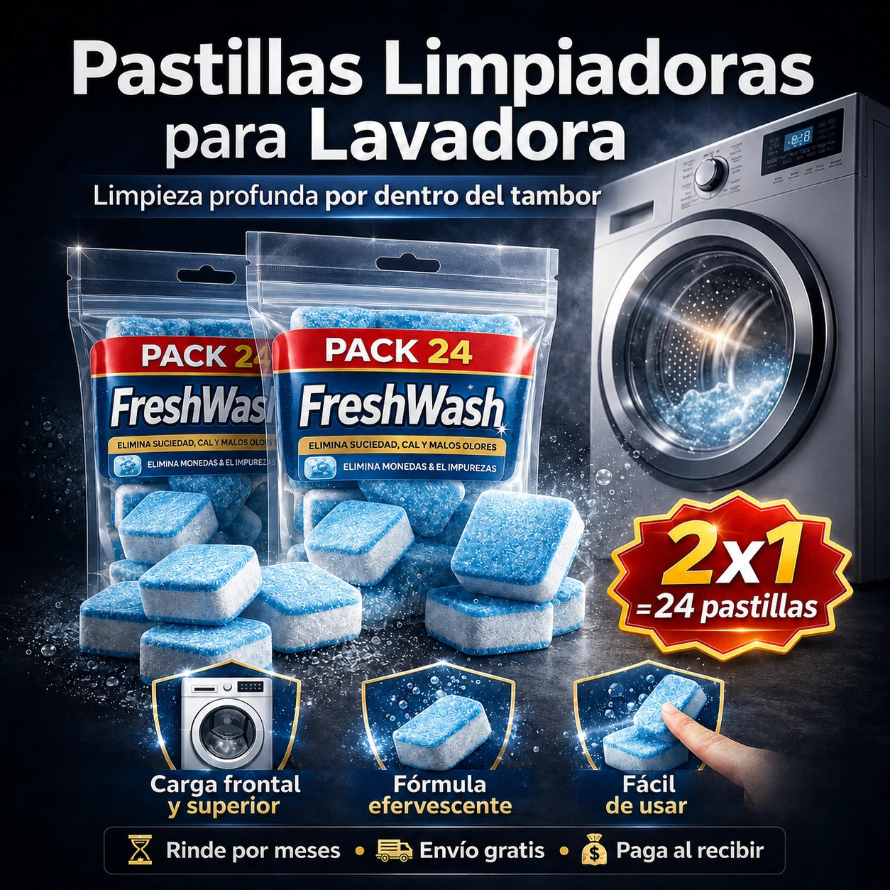 FreshWash 24 Pastillas Efervescentes – Mantén tu Lavadora Limpia, Fresca y Sin Malos Olores