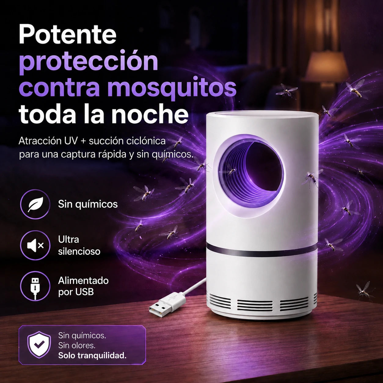 Mosquito Guard, Trampa UV Antimosquitos Silenciosa y Segura para Toda la Familia