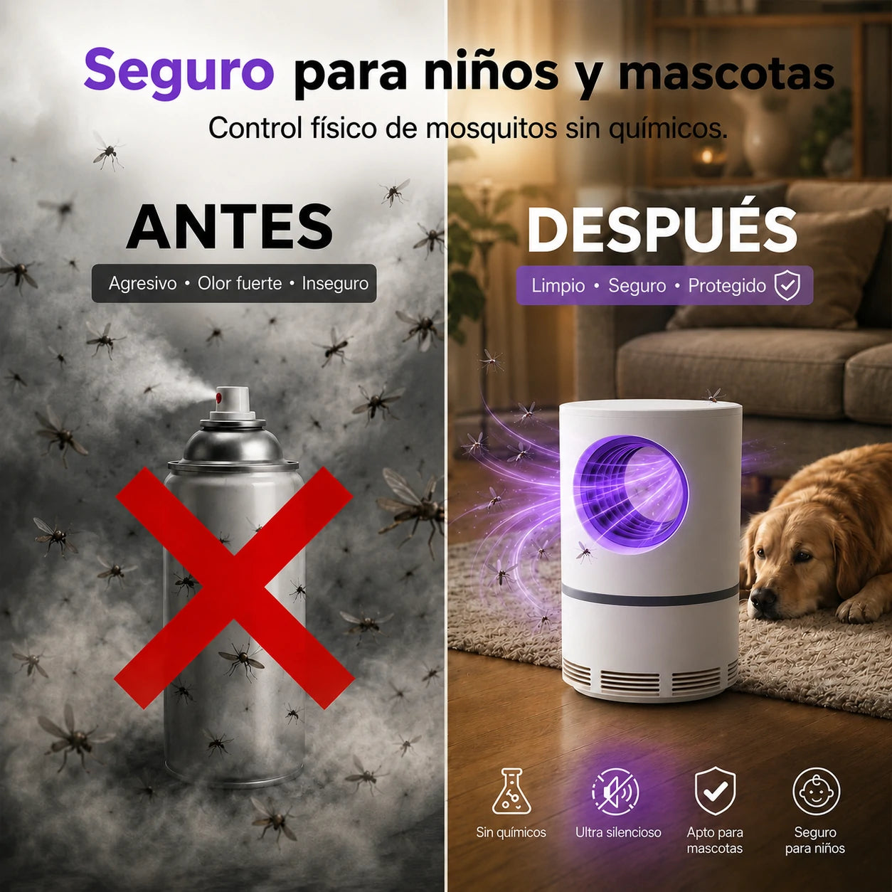 Mosquito Guard, Trampa UV Antimosquitos Silenciosa y Segura para Toda la Familia