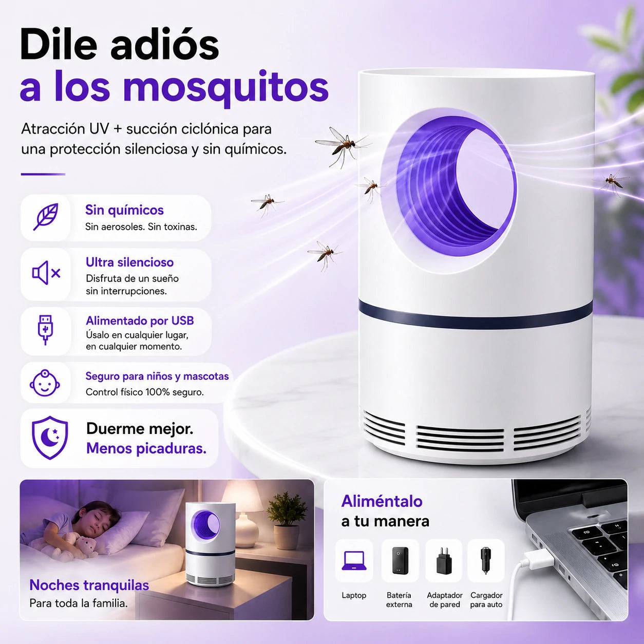 Mosquito Guard, Trampa UV Antimosquitos Silenciosa y Segura para Toda la Familia